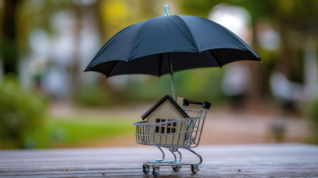 A creative representation of a small house in a shopping cart under a black umbrella, symbolizing financial protection and investment safety in a serene outdoor environment.の素材