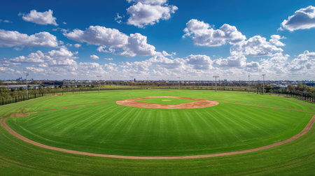 Beautiful aerial view of a baseball field featuring lush green grass and a clear blue sky adorned with fluffy clouds, ideal for sports, recreation, and outdoor activities.の素材