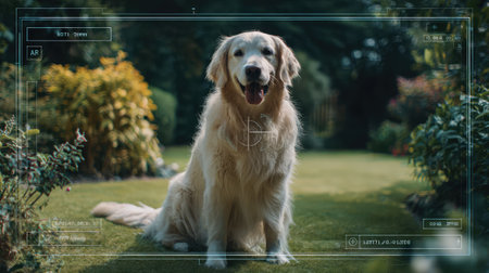A joyful golden retriever sits happily in a vibrant garden, showcasing its friendly personality. This image captures the essence of companionship and sunny outdoor adventures.の素材