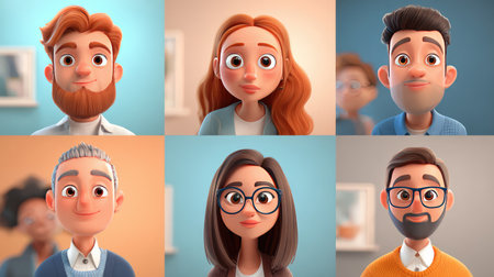 A vibrant collection of six diverse cartoon characters showcasing unique hairstyles and expressions in a colorful studio environment, highlighting diversity and creativity.の素材