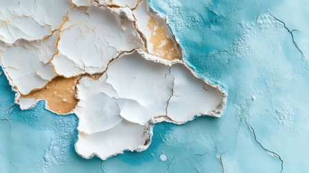 A close-up of a textured surface featuring cracked paint and peeling layers that showcases an artistic blend of white, beige, and turquoise, ideal for creative projects.の素材