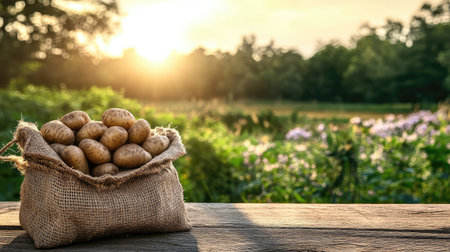 A rustic burlap bag overflowing with freshly harvested potatoes rests on a wooden table, set against a stunning sunrise backdrop over a lush agricultural landscape.の素材