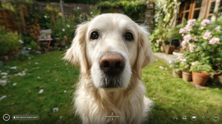 A beautiful close-up image of a golden retriever dog in a vibrant garden, showcasing the animal's friendly expression and the lush surroundings filled with blooming flowers.の素材