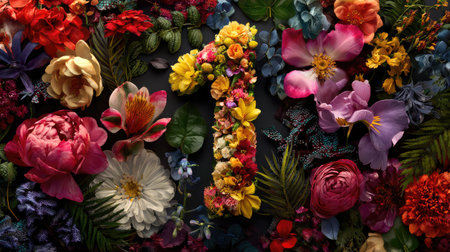A stunning arrangement of vibrant flowers creatively forming the number one, perfect for celebration themes and capturing the beauty of nature in a dark background.の素材