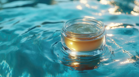 A serene image of a clear jar filled with golden cream, gently floating on the water's surface, radiating a calming aura perfect for wellness and beauty themes.の素材
