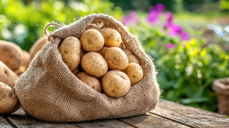 A burlap sack filled with freshly harvested potatoes rests on a rustic wooden table, surrounded by colorful garden flowers and lush greenery, showcasing natural beauty.の素材