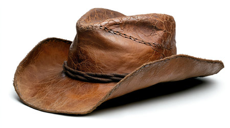 A beautifully crafted rustic leather cowboy hat featuring a distinctive weathered look and detailed stitching, ideal for adding a stylish touch to any western-themed outfit.の素材