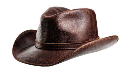 A stylish brown leather cowboy hat showcasing a rugged design, perfect for outdoor activities or costume events, enhancing any western-themed attire or photography project.の素材