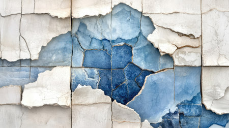 A visually striking abstract artwork featuring cracked blue paint on a textured wall, showcasing layers of color and decay, ideal for creative and artistic uses.の素材
