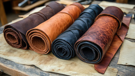 A visually appealing set of leather rolls arranged elegantly, ideal for showcasing craftsmanship, design projects, and the artistry of leatherworking in a workshop environment.の素材