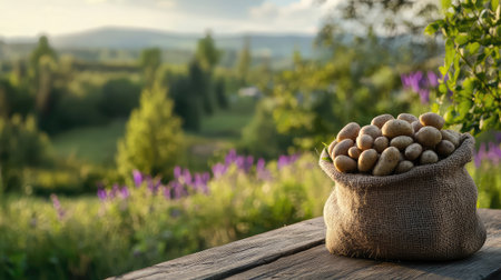 A burlap sack filled with freshly harvested potatoes sits on a rustic wooden table, showcasing a serene green landscape with wildflowers and gentle evening light.の素材