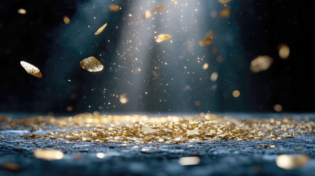 This striking image features shimmering gold coins suspended in a beam of light, evoking feelings of magic and wealth. Ideal for artistic and financial themes.の素材