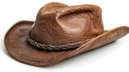 A beautifully crafted brown leather cowboy hat featuring a braided band, perfect for capturing Western vibes and adding a touch of adventure to your photography projects.の素材