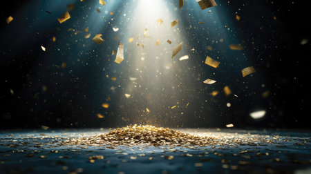 A captivating scene featuring glimmering particles of gold suspended in the air, illuminated by a focused beam of light, creating an enchanting atmosphere over the pile of golden dust.の素材
