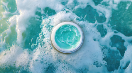 A serene turquoise cream container rests atop foamy bubbles, creating a refreshing visual that embodies beauty, tranquility, and wellness for skincare themes.の素材