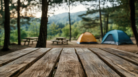 Beautiful campsite setup featuring a rustic wooden table in focus with colorful tents in the background surrounded by trees, perfect for a relaxing getaway in nature.の素材