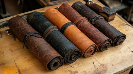 This image showcases a collection of beautifully rolled leather pieces arranged neatly on a wooden surface, ideal for artistic and crafting projects.の素材
