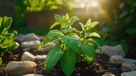 A lively mint plant emerges from rich soil, basking in soft sunlight, perfect for promoting organic gardening themes and showcasing nature's beauty in peaceful environments.の素材