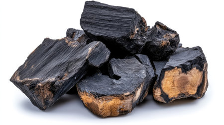 A close-up view of a pile of natural charcoal pieces showcasing unique textures and shapes, ideal for the themes of sustainability, crafting, and cooking.の素材