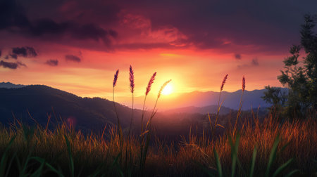 A breathtaking sunset casts a warm glow over a picturesque mountain landscape, highlighting golden grass and vibrant colors in the sky, evoking a sense of peace and connection to nature.の素材