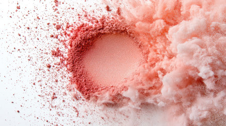 This image showcases a dynamic explosion of pink powder against a clean white background, offering a smooth circular space ideal for creative applications and text overlay.の素材