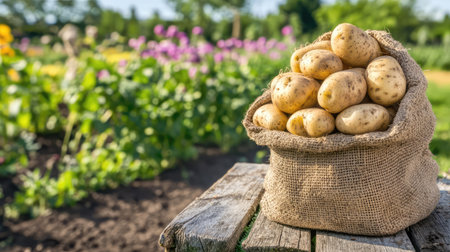 A burlap sack filled with fresh organic potatoes sits on a rustic wooden table, surrounded by vibrant garden greenery, showcasing the beauty of seasonal produce and nature.の素材