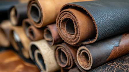 Explore a vibrant collection of leather rolls in assorted colors and textures, ideal for crafting and design projects, showcasing the beauty of natural materials.の素材