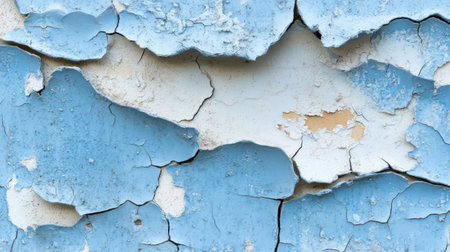 Close-up of a wall showcasing blue paint peeling and revealing cracks and flakes, ideal for use in background designs, art projects, and interior settings.の素材