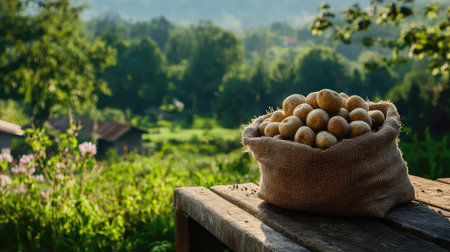 A sack filled with freshly harvested potatoes sits atop a wooden table, showcasing the beauty of rural life and fresh produce against a lush green backdrop.の素材