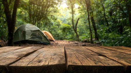 A serene camping scene captures a wooden table in foreground with lush greenery and softly illuminated tents in the background, inviting outdoor enthusiasts to explore nature.の素材