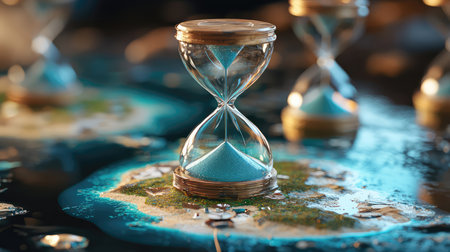 This artistic image showcases hourglasses on a miniature island, symbolizing the precious nature of time and the connection between existence and the natural world.の素材