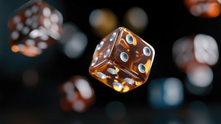 Captivating close-up shot of translucent dice suspended in mid-air against a blurred background, showcasing the exciting theme of games, luck, and chance.の素材