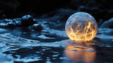 A mesmerizing glowing orb floats on a tranquil water surface, reflecting soft light and showcasing a blend of blue and orange tones, creating an ethereal atmosphere in nature.の素材