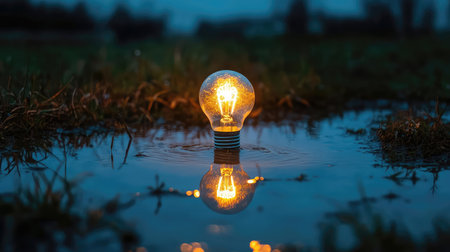A stunning vintage light bulb glows brightly in a shallow puddle, casting a warm reflection in the tranquil evening setting, evoking feelings of peace and serenity.の素材