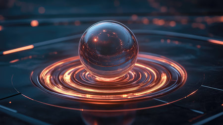 A mesmerizing glossy sphere floats above a liquid surface, casting reflections and creating dynamic waves, showcasing a blend of elegance and modern design in an abstract setting.の素材