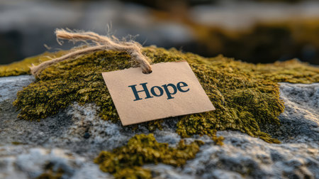 A serene image of a tag inscribed with the word "Hope" resting on moss-covered rock, symbolizing nature's beauty and the gentle reminder of optimism in everyday life.の素材