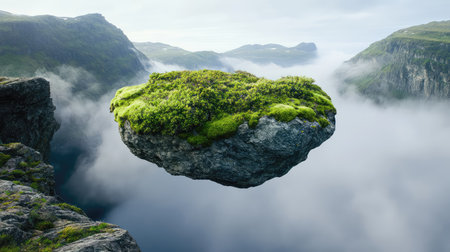 A surreal floating rock adorned with lush greenery, suspended above a mystical valley, creates an enchanting atmosphere in this breathtaking nature scene.の素材