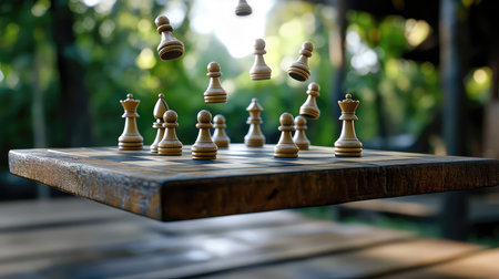 A whimsical scene of chess pieces floating above a rustic wooden board in a tranquil outdoor setting, capturing the essence of strategy and creativity intertwined with nature's beauty.の素材