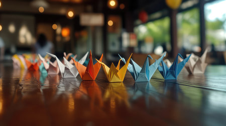 A vibrant display of colorful paper cranes arranged on a wooden table in a cozy cafe, symbolizing peace and creativity, capturing the beauty of origami artistry.の素材