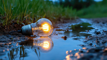 A beautifully captured image of a glowing light bulb lying next to a puddle, reflecting its warm light, embracing nature's beauty and inspiring creativity.の素材