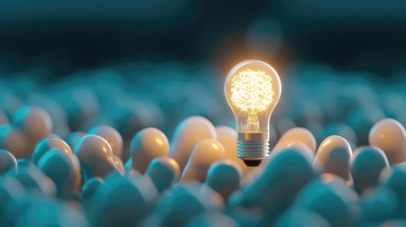 A glowing light bulb stands out amidst an abstract crowd, symbolizing innovation and creativity. This 3D image captures the essence of ideas sparking in a vibrant digital space.の素材