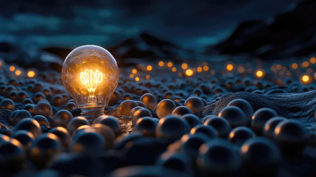 A mesmerizing scene featuring a glowing light bulb amidst a dark, textured landscape filled with reflective spheres, evoking feelings of inspiration and intrigue.の素材
