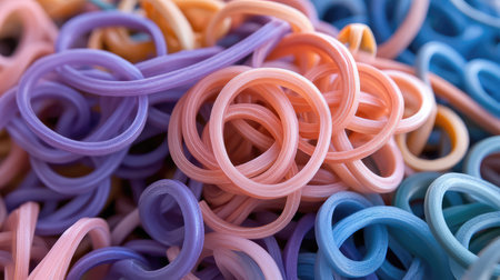 A vivid close-up of colorful rubber bands in shades of purple, pink, and blue, showcasing their playful loops and twisted forms, perfect for creative projects or office supplies.の素材