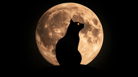 Majestic silhouette of a cat against a glowing full moon creates an enchanting and calm nocturnal scene, showcasing the beauty of nature and nighttime serenity.の素材