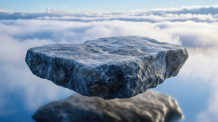 A stunning image of a large rock floating above a sea of clouds, creating a surreal and dreamlike scene that captures the serene beauty of nature's landscapes.の素材