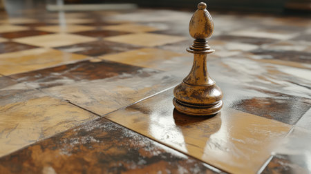 A beautifully crafted chess pawn stands prominently on a polished chessboard. The lighting enhances the sleek finish and intricate details, perfect for game enthusiasts and decor inspiration.の素材