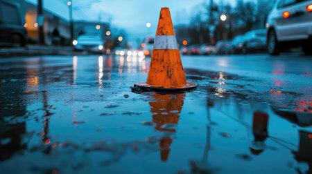 An orange traffic cone stands in a puddle on a wet urban street, reflecting the surrounding street lights and cars in a moody atmosphere during the evening.の素材