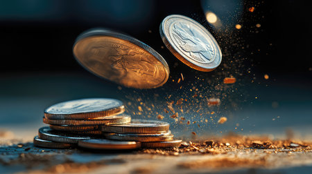 A dynamic scene capturing coins in motion with dust and light, perfect for themes of wealth, value, and economic growth in urban life.の素材