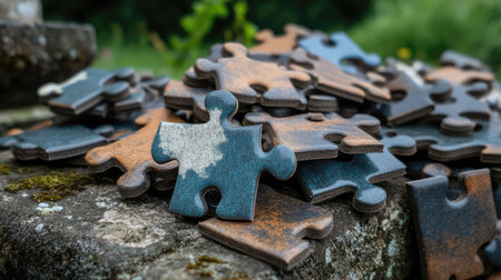 A beautifully detailed collection of weathered puzzle pieces arranged on a stone surface, capturing the charm of outdoor play with a backdrop of lush greenery.の素材
