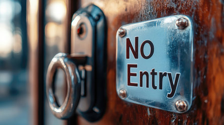 A detailed close-up view of a No Entry sign attached to a wooden door, featuring a padlock that symbolizes security and restricted access in various environments.の素材